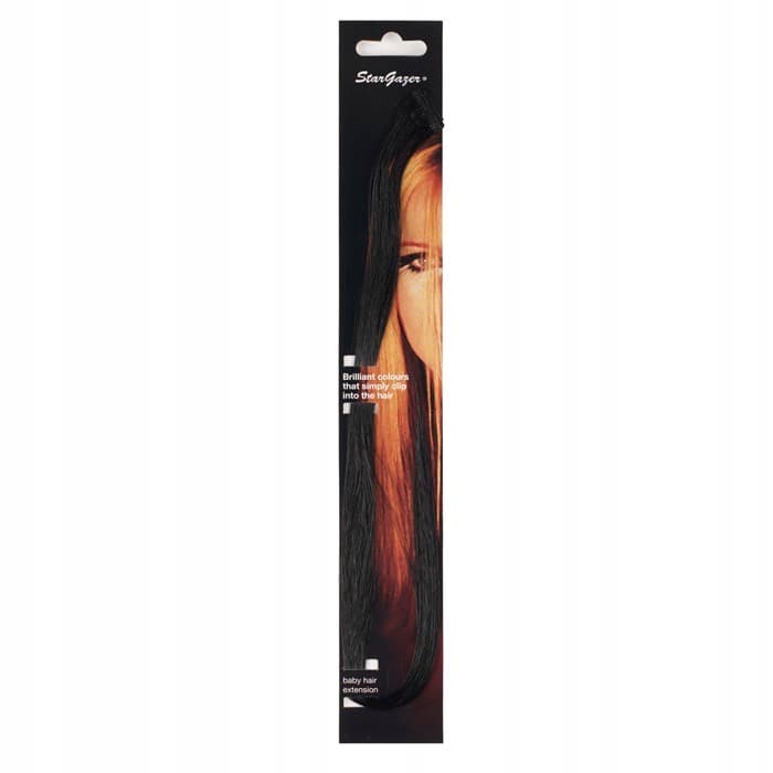 Colorful black hair extensions by Stargazer, featuring a sleek, straight design on a vertical packaging with a model's face partially visible.