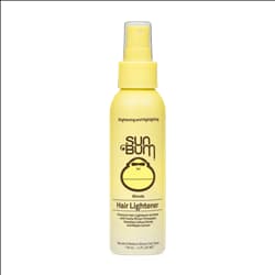 Yellow spray bottle of Sun Bum Blonde Hair Lightener with a black logo and white text, designed for brightening and highlighting hair.