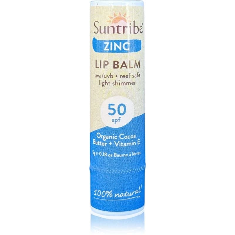 Suntribe Zinc lip balm in a blue and beige tube, featuring SPF 50, made with organic cocoa butter and vitamin E, labeled as 100% natural and reef safe.