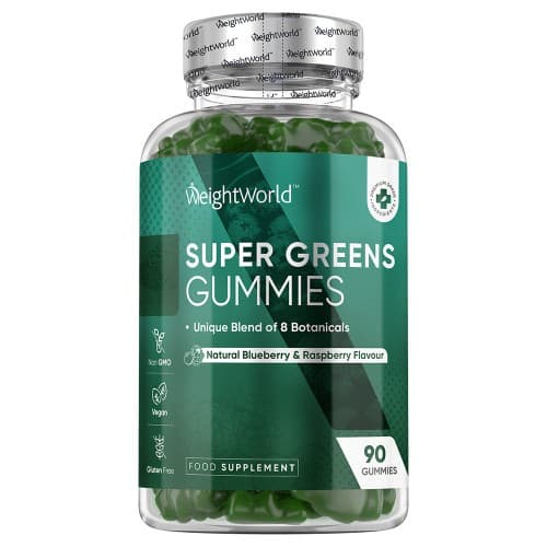 Clear plastic bottle containing green gummies, labeled "WeightWorld Super Greens Gummies," with a green and white design, featuring berry flavors and a count of 90 gummies.