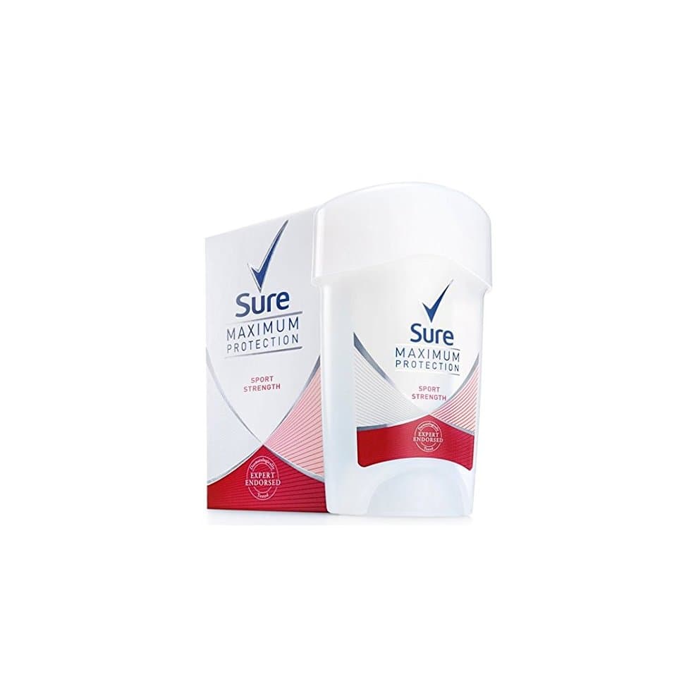 White cream stick deodorant in a sleek container, featuring a blue and red design, labeled "Sure Maximum Protection Sport Strength" with 96-hour protection claims.