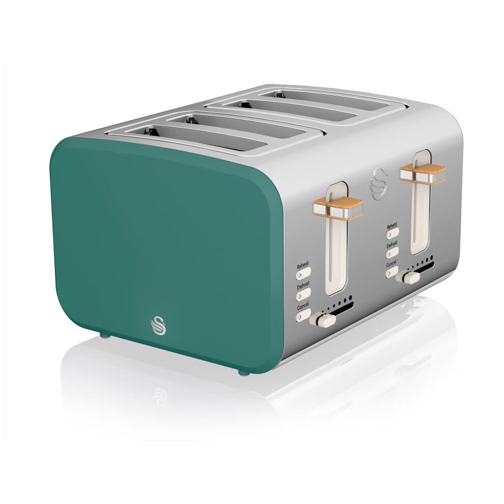 Swan 4 Slice Nordic Style Toaster features a sleek silver body with a teal front, four slots for toasting, and easy-to-use control knobs for browning settings.