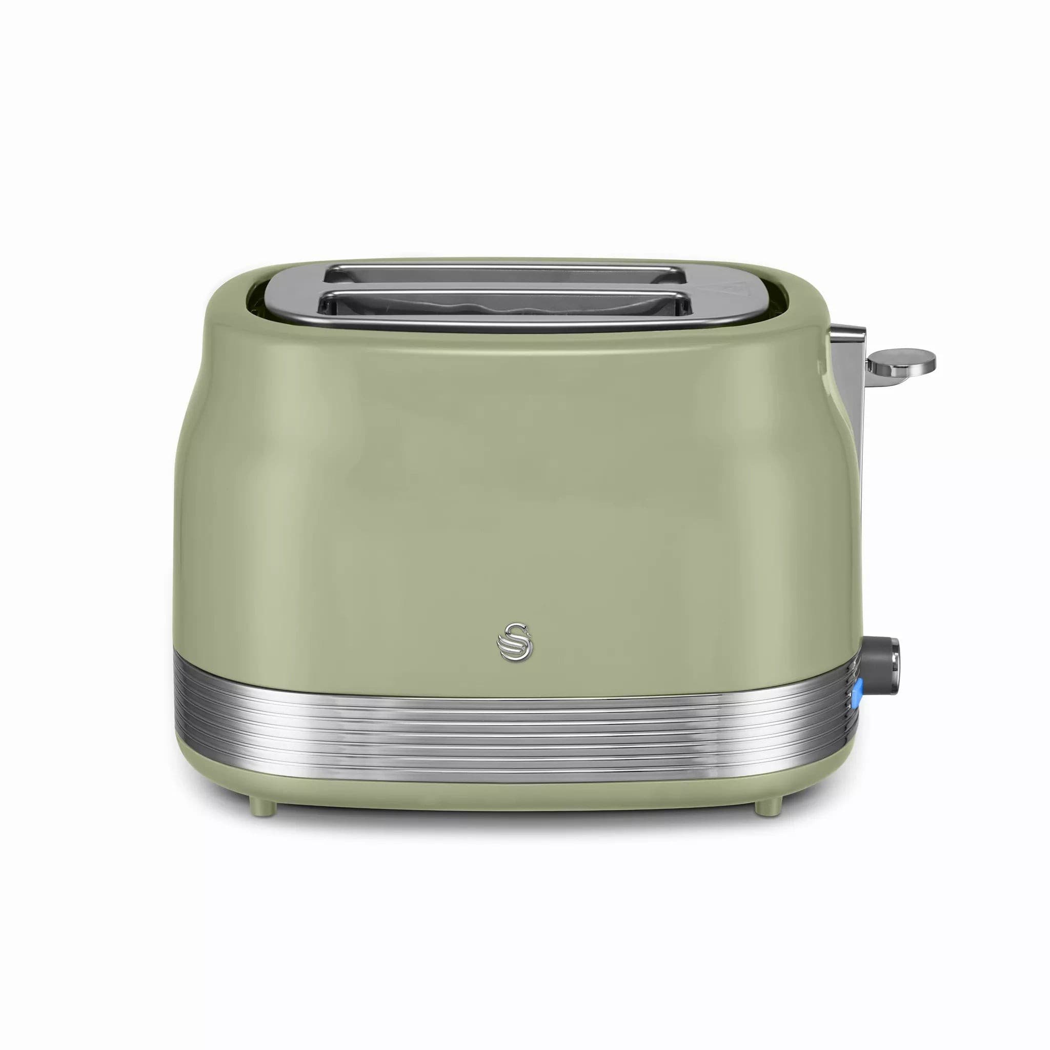 Green retro-style 2-slice toaster with a smooth finish, chrome accents, and a blue indicator light, featuring a wide slot for various bread types.