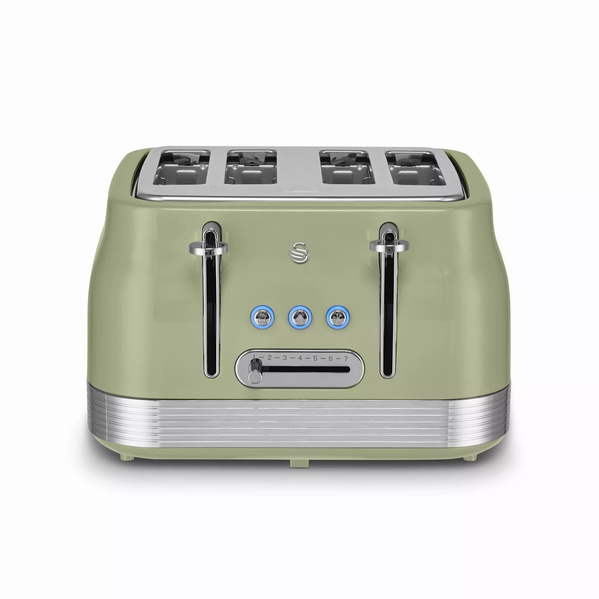 Swan Retro 4 Slice Toaster in mint green with chrome accents, featuring four slots, a sleek design, and blue control knobs for browning settings.