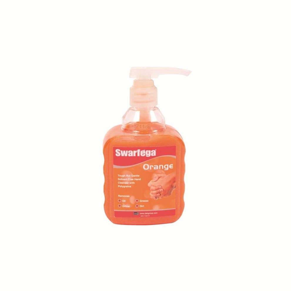 Swarfega Orange Scrub Heavy Duty Hand Cleaner in a 450ml pump bottle, featuring a bright orange liquid and a textured, ergonomic plastic container with a clear label.