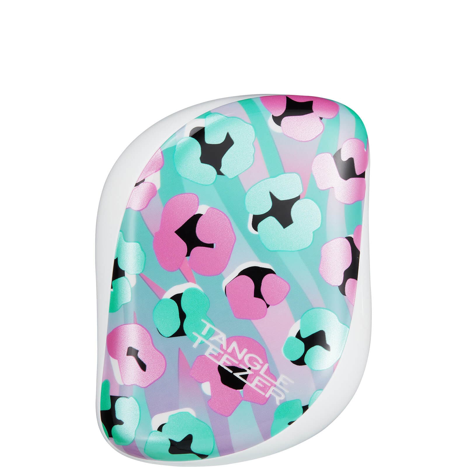 Compact detangling hair brush in pink and aqua with a floral pattern, featuring a smooth, curved design and the Tangle Teezer logo on the front.