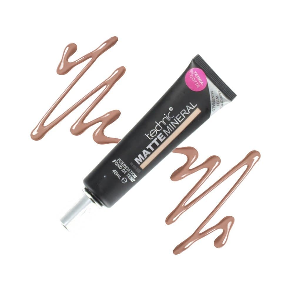 Technic Matte Mineral Foundation in Café Au Lait, featuring a sleek black tube with a silver nozzle, surrounded by swirls of matching liquid foundation in a warm brown shade.