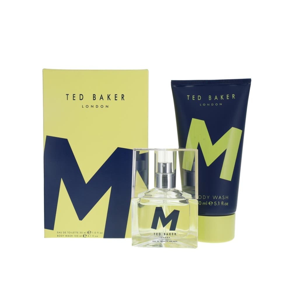 Ted Baker M 2 Piece Gift Set featuring a 30ml Eau De Toilette in a clear glass bottle and a 150ml navy body wash tube, both with vibrant yellow accents and bold "M" branding.