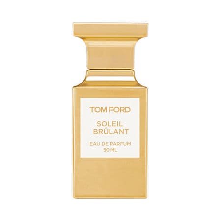 Golden rectangular bottle with a sleek design, featuring a white label that reads "TOM FORD SOLEIL BRULANT 50 ML EAU DE PARFUM."
