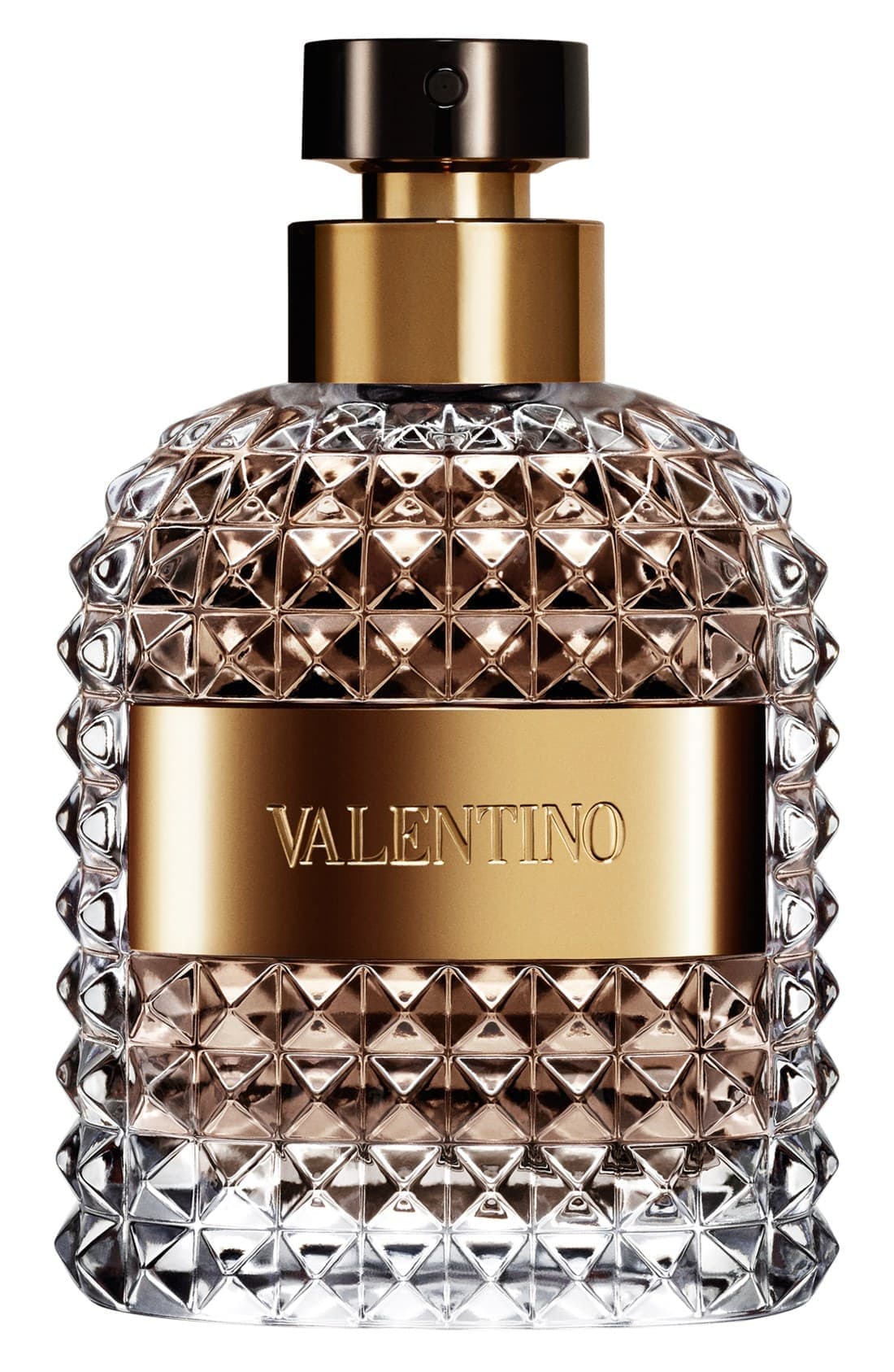 Clear glass bottle with a diamond pattern, featuring a gold label that reads "VALENTINO," topped with a gold spray nozzle.