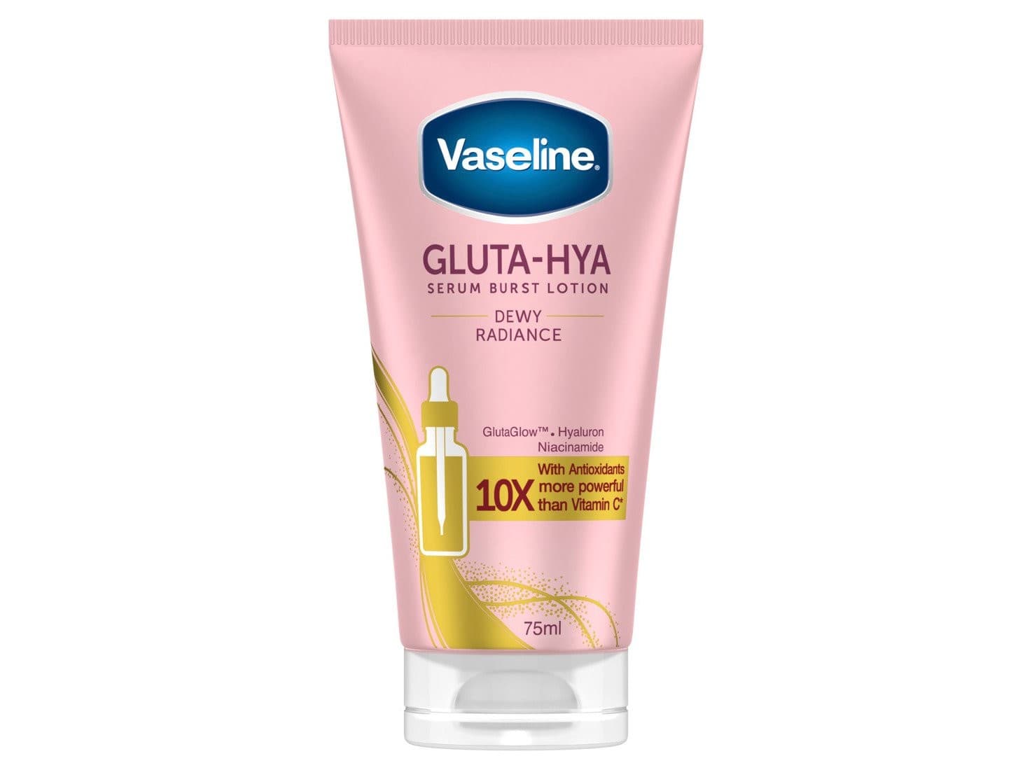 Pink tube of Vaseline Gluta-hya Dewy Radiance lotion, featuring a dropper graphic, highlighted benefits like antioxidants, and a 75ml capacity.