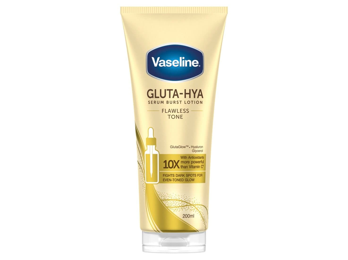 Vaseline Gluta-Hya Flawless Tone Body Serum in a 200 ml tube, featuring a sleek design with a white background, gold accents, and a dropper graphic for serum application.