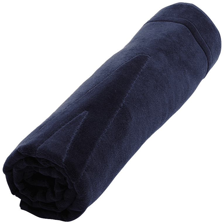Solid blue organic cotton beach towel, rolled up, featuring a soft texture and a simple design, ideal for sandy beach outings. Size OSFA.