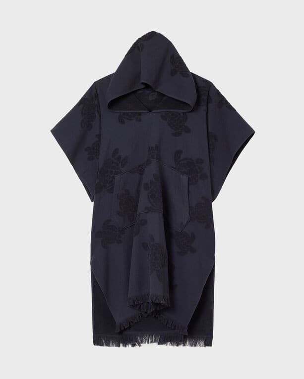 Blue terry poncho by Vilebrequin featuring a hood, floral pattern, front pocket, and fringed hem, designed in a one-size-fits-all style.