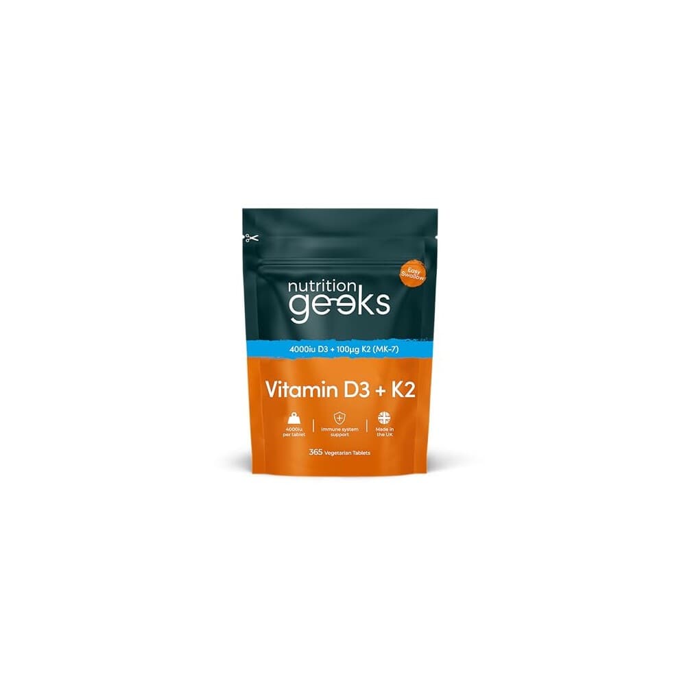 Green and orange pouch labeled "Nutrition Geeks Vitamin D3 4000 IU & K2 MK7 100µg," featuring a 1-year supply of 365 easy-swallow vegetarian tablets.