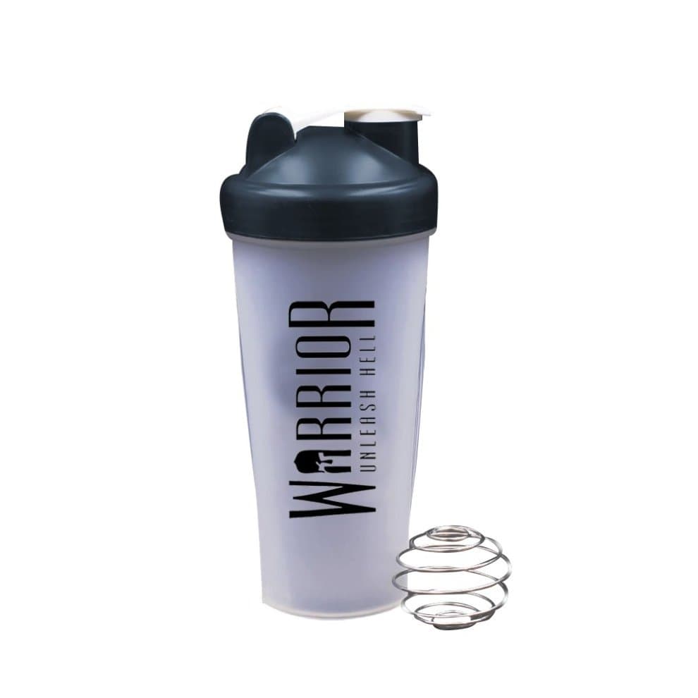 Transparent 600ml shaker with a black lid and logo, featuring a wire whisk ball inside for mixing, designed for fitness enthusiasts.