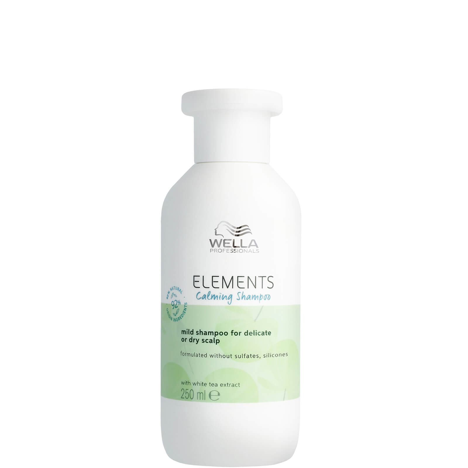 White bottle of Wella Elements Soothing Shampoo, 250ml, featuring a green label, minimalist design, and text highlighting its sulfate-free formula for delicate or dry scalps.