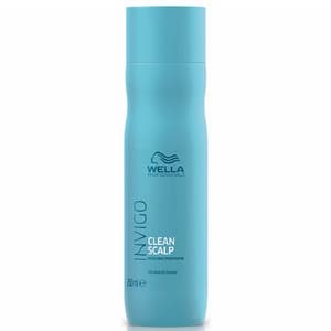 A turquoise bottle of INVIGO CLEAN SCALP Anti-dandruff Shampoo by Wella, featuring a sleek design and a label with white text, containing 250 ml of product.