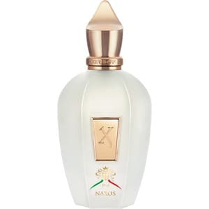 Frosted glass bottle with a gold cap, featuring a gold emblem and colorful Italian flag detailing, containing 3.4 oz of Xj 1861 Naxos Eau De Parfum Spray by Xerjoff.