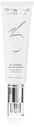 White tube with a silver pump, labeled "ZO Skin Health" and "10% Vitamin C Self-Activating," 50ml/1.7oz, designed for women, featuring a sleek and modern aesthetic.