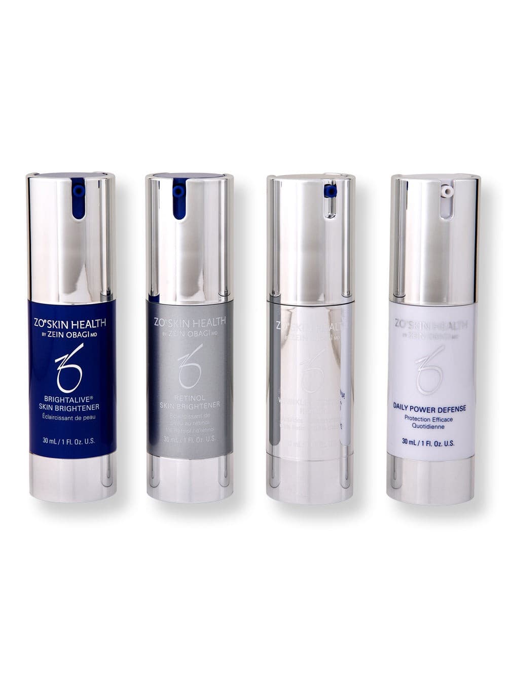 Four sleek, silver and white skincare bottles from ZO Skin Health, labeled "Brightalive," "Retinol," and "Daily Power Defense," each with a pump dispenser and 30 ml capacity.