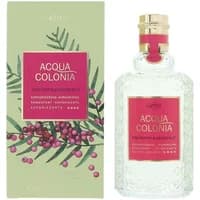 4711 Acqua Colonia cologne, clear glass bottle with textured design, pink label, gold cap, matching box with pink pepper graphics.