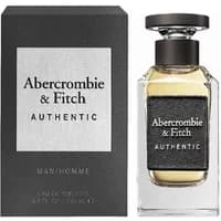 Clear glass bottle with black cap, label reads "Abercrombie & Fitch Authentic," next to matching black box.