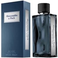 Blue glass bottle of Abercrombie & Fitch First Instinct Blue Eau De Toilette, 100ml, with matching blue box.