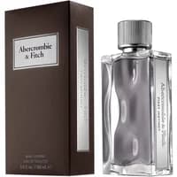 Clear glass bottle with wavy design, silver cap, and brown box labeled "Abercrombie & Fitch First Instinct Homme."