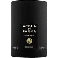 Black cylindrical bottle of Acqua Di Parma Oud & Spice Eau De Parfum, gold logo, 100ml, elegant design.