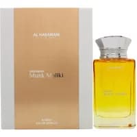 Al Haramain Musk Maliki Eau De Parfum 100ml, amber liquid in clear rectangular bottle with silver cap, white box.