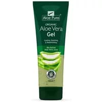 Green tube of Aloe Pura Organic Aloe Vera Gel 100ml with aloe leaf images and white text.
