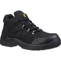 Black Amblers FS151 vegan safety boots with padded ankle, metal eyelets, and slip-resistant sole.