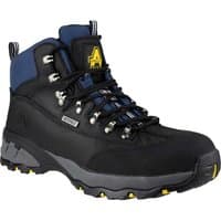 Black Amblers FS161 waterproof hiker safety boots with blue accents, metal eyelets, and rugged yellow-tread sole.