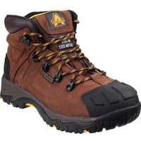 Brown Amblers FS39 waterproof safety boots with black toe cap, yellow laces, and rugged sole.