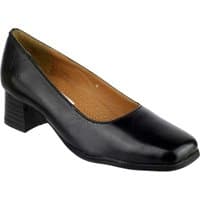 Black leather court shoe with low block heel and rounded toe, Amblers Walford Ladies Shoes.