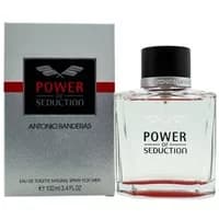 Antonio Banderas Power Of Seduction Eau De Toilette 100ml, clear glass bottle with black cap, silver and red box.