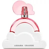 Pink ARIANA GRANDE Cloud perfume bottle with cloud-shaped white base and pink cloud cap, 30ml size.