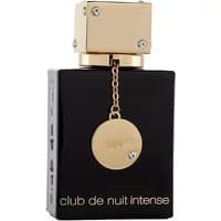 Black rectangular bottle with gold square cap, Armaf Club De Nuit Intense text, and gold medallion charm.