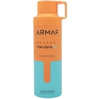 Orange and blue Armaf Odyssey Mandarin Sky body spray, 200ml, with a handle and bold black text.