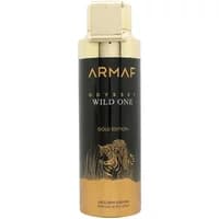 Armaf Odyssey Wild One body spray 200ml, gold and black bottle with tiger design and gold cap.