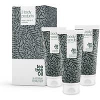 Australian Bodycare Body Care Kit with three 200ml tubes; tea tree oil design on gray packaging.