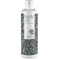 White bottle of Australian Bodycare Body Oil 150ml with gray leaf pattern and tea tree oil label.