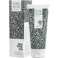 Australian Bodycare Body Scrub 200ml tube with leaf pattern, tea tree oil label, and matching box.