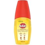 Autan mosquito repellent spray, yellow bottle with red cap, 100 ml, DEET free, offers up to 8 hours protection.