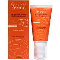 Orange Avène face cream tube SPF50+ for dry sensitive skin, 50ml, with matching box, white cap.