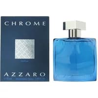 Blue square glass bottle of Azzaro Chrome Parfum 50ml with silver cap, next to matching dark blue box.