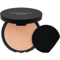 bareMinerals BAREPRO powder foundation in Fair 15, black compact with mirror and black applicator sponge.