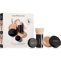 bareMinerals 3-piece makeup set with two mineral powders in black containers and a beige brush, boxed packaging included.
