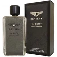 Bentley Momentum Unbreakable Eau De Parfum 100ml, textured glass bottle with black cap, beside black box.
